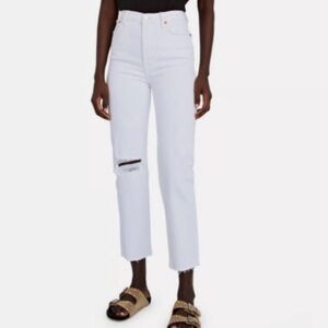 Re/Done High-Rise White Straight Jeans with Knee Rip